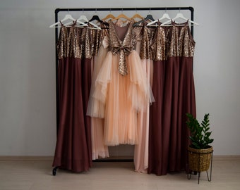 Silk Georgette/Chiffon With Top Copper Sequin Bridesmaid Dress, Floor Length Sequin Wedding Party Matron Of Honor Dress