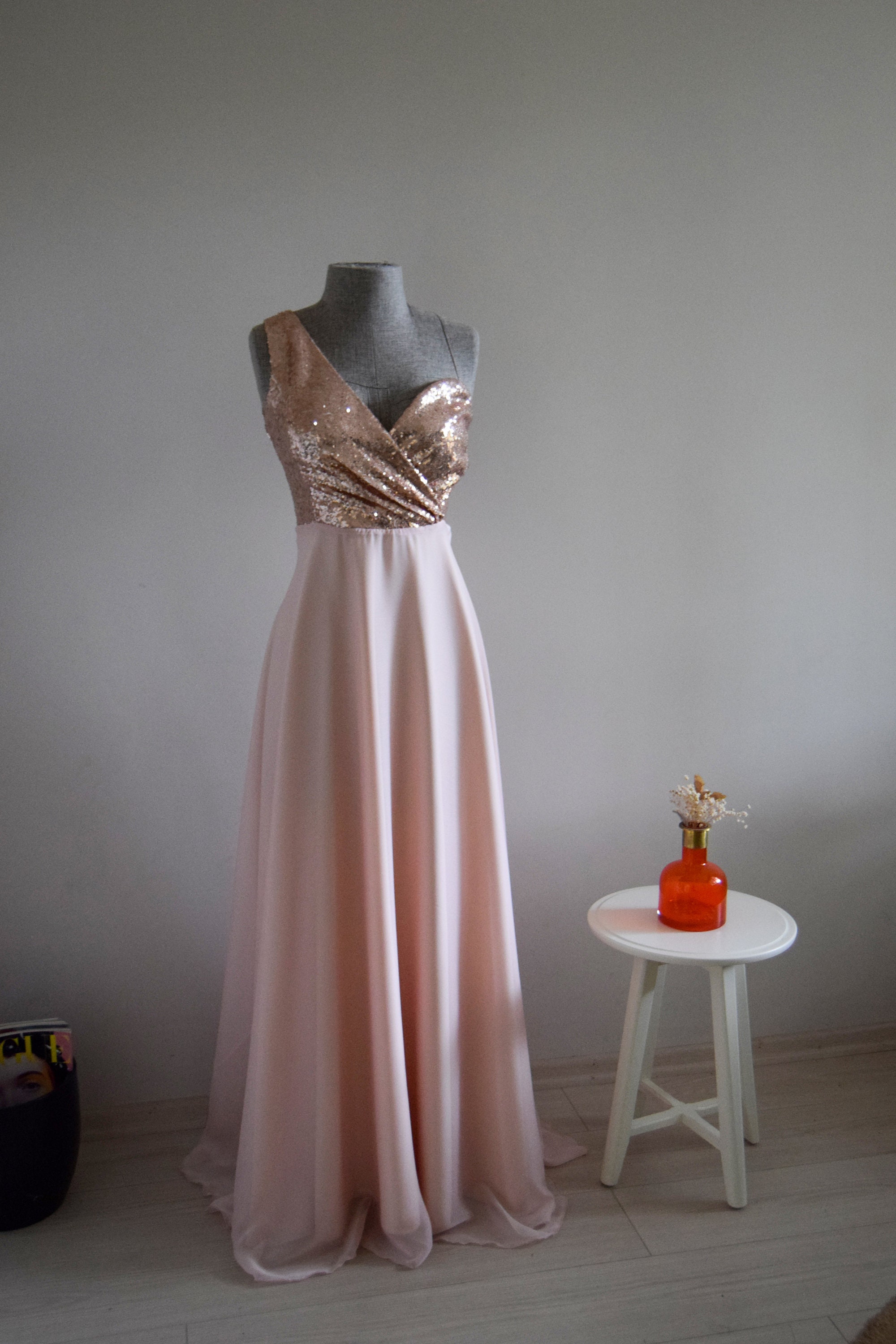 Blush Gold Chiffon With Top Sequin One Shoulder Bridesmaid - Etsy