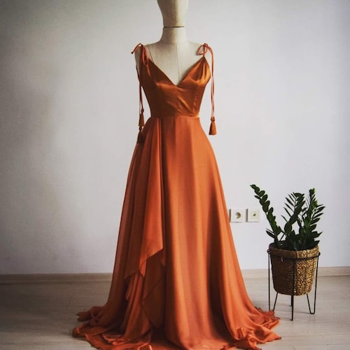 Rust Satin Silk Maxi Flared Dress With Slit Copper Bridesmaid Etsy