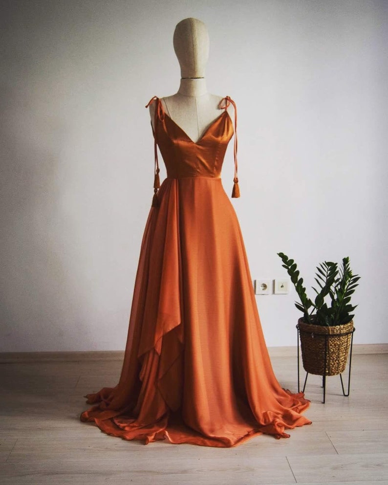 Satin Copper Bridesmaid Dress Silk Chiffon With Top Satin Burnt Orange Rust Full Length Asymmetric Bridal Party image 2