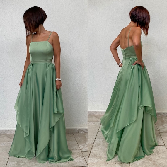 Sage Straight Neck Silk Asymmetric Prom Dress Silk Sage Green Dress Bridesmaid Style Prom Dress Date Dress Floor Length Dress Green Etsy UK
