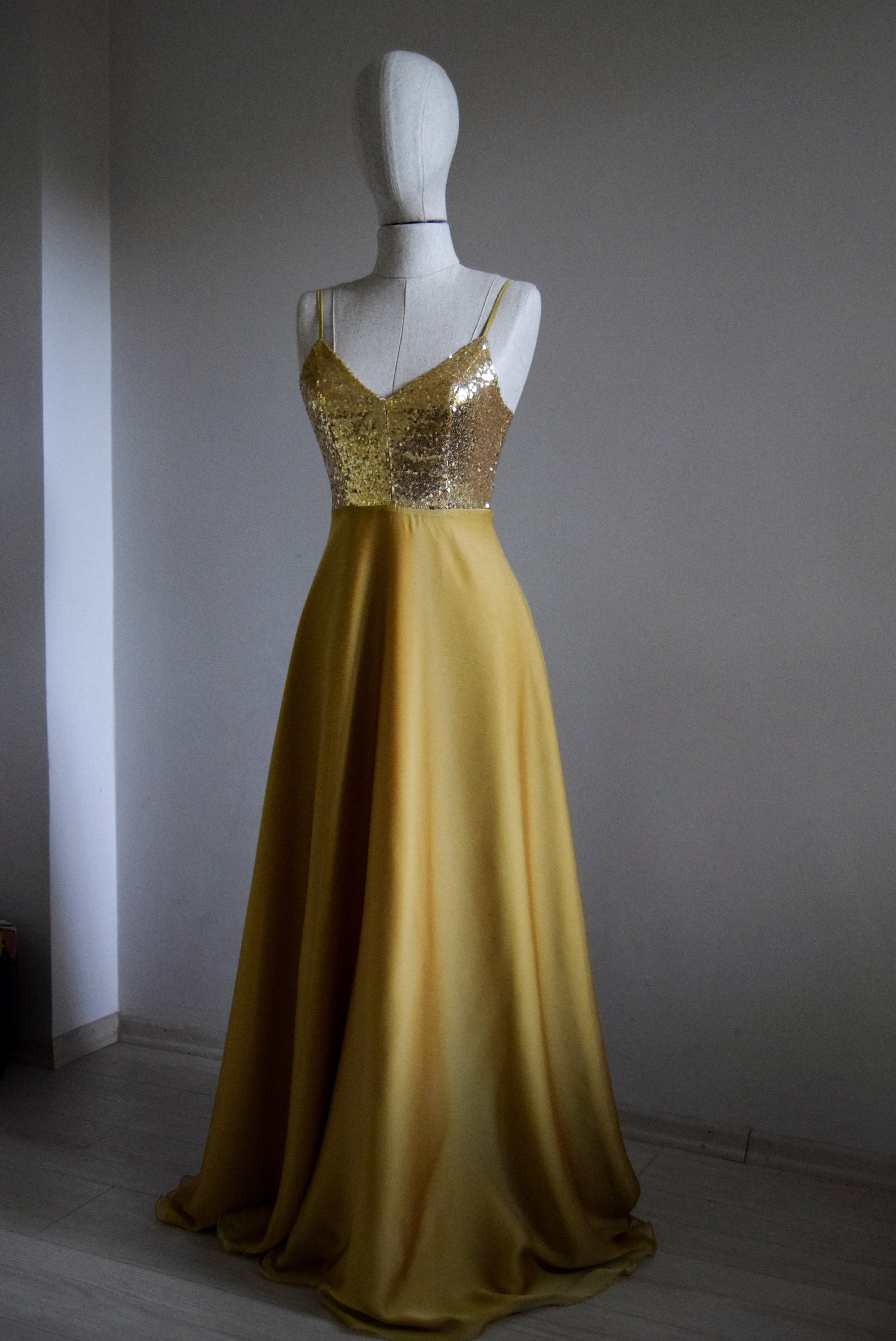 Custom Made Chiffon With Top Sequin Gold Bridesmaid Dress | Etsy