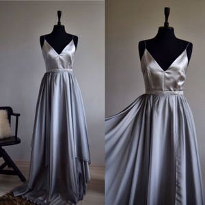Julian Chiffon Silver asymmetrical Maxi Bridesmaid Dress In Spaghetti Straps Dress | Sweetheart Neckline Spaghetti Strap Prom Dress