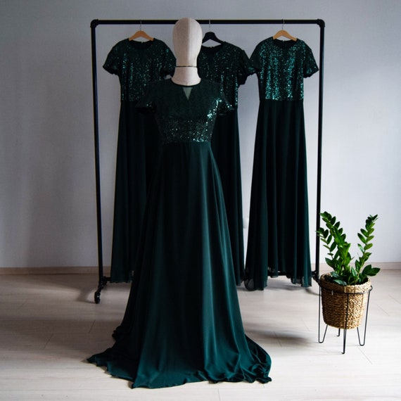 Silk Georgette Chiffon With Top Emerald Green Sequin Bridesmaid Dress Floor Length Green Sequin Evening Dress Wedding Party MOH Dress Etsy