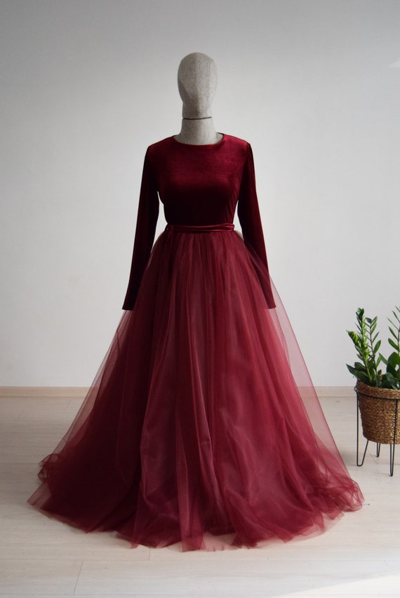 Burgundy Velvet Bridesmaid Dress: Long Sleeve Silk Tulle Maxi Gown
