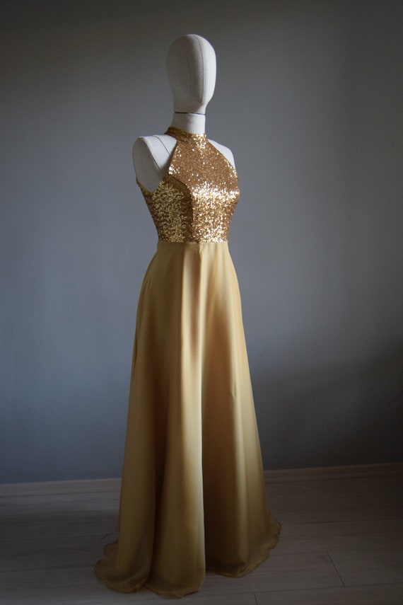 Gold Sequin Halter Maxi Dress: Custom Bridesmaid Dress - Etsy