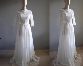 Handmade Charming Chiffon With Top Lace White Bridal Dress | Ivory Chiffon Lace Bridal Maxi Custom Dress