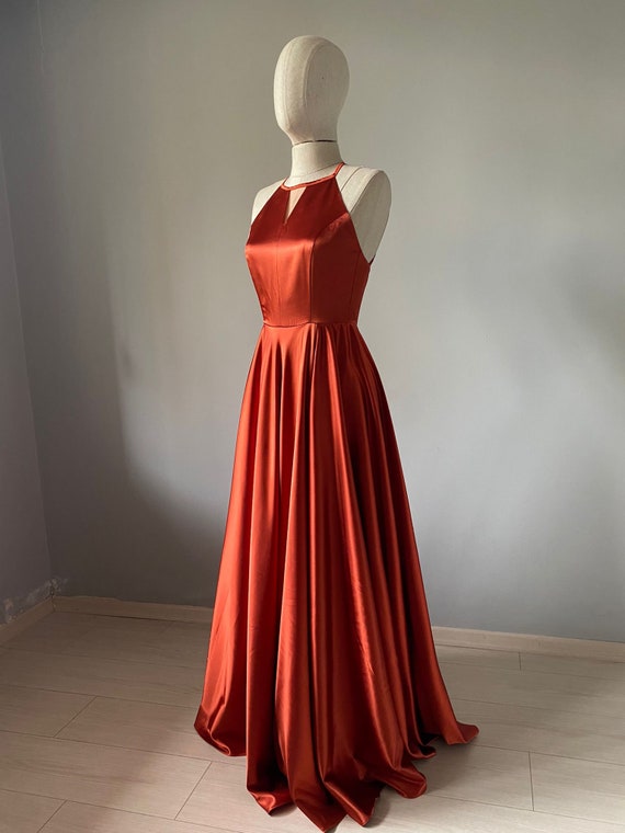 Burnt Orange Satin High Neck Bridesmaid Dress Satin Rust Bronze