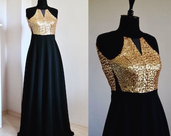 Handmade Black Chiffon With Top Gold Sequin Bridesmaid Dress, sleeveless Full Length Evening Prom Dress, Wedding Dress Custom Made Size