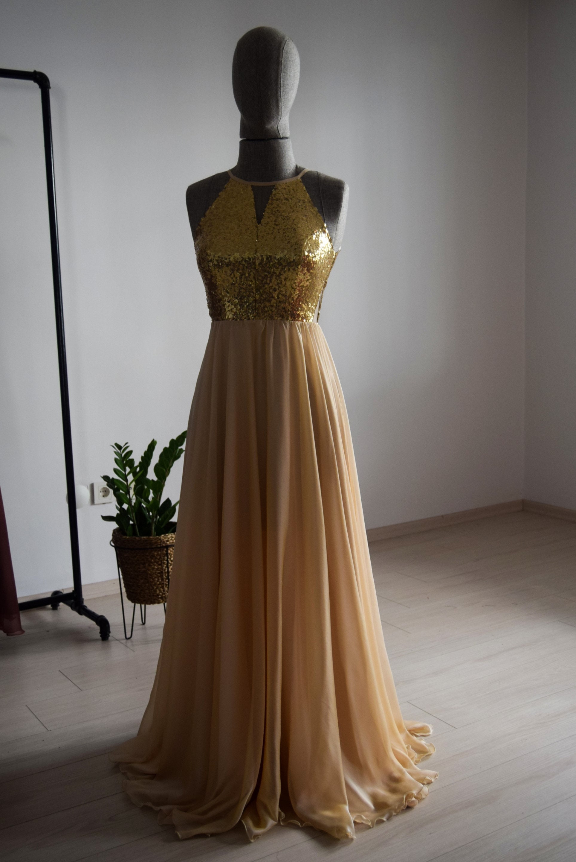 Made to Measure Peach Chiffon With Top Sequin Gold Bridesmaid - Etsy