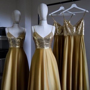 Custom Made Chiffon With Top Sequin Gold Bridesmaid Dress Wedding Guest Reception Prom Dress