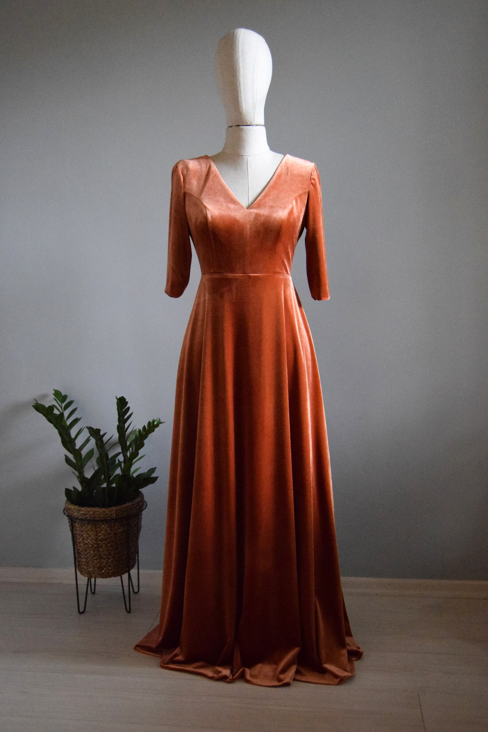 Velvet Burnt Orange Bridesmaid Long Sleeve Dress / Terracotta Etsy UK