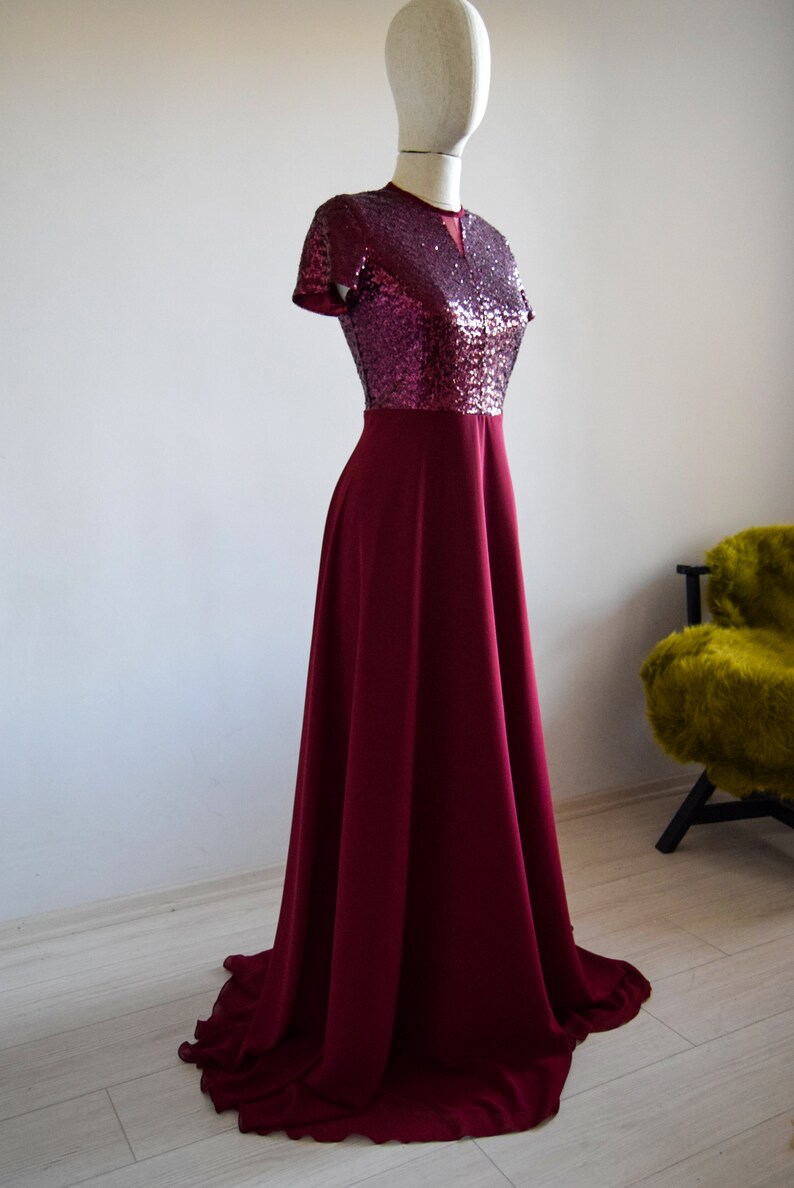 Close Back Dress Short Sleeve Sequin Long MOH Dress Made To Measure Silk Chiffon With Top Sequin Burgundy Bridesmaid Maxi Dress