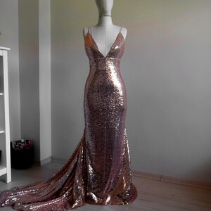 Pu&ograve; includere: Un abito da sera in paillettes color oro rosa con scollo a V e una lunga coda.
