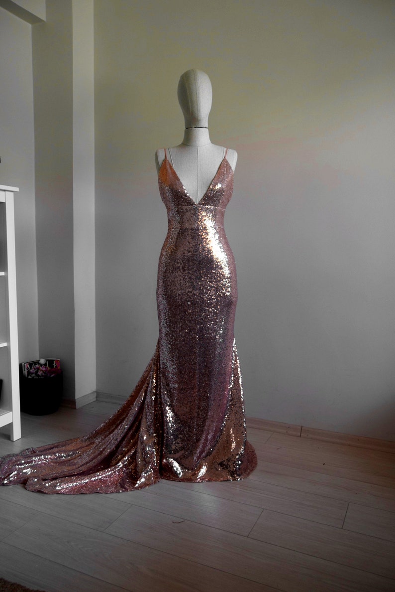 Pu&ograve; includere: Un abito da sera in paillettes color oro rosa con scollo a V e una lunga coda.