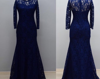 Made To Measure Navy Blue Lace Bridesmaid Dress | Sheath Silhouette Floor Length Gown | Lace Navy Blue Wedding Party Dress