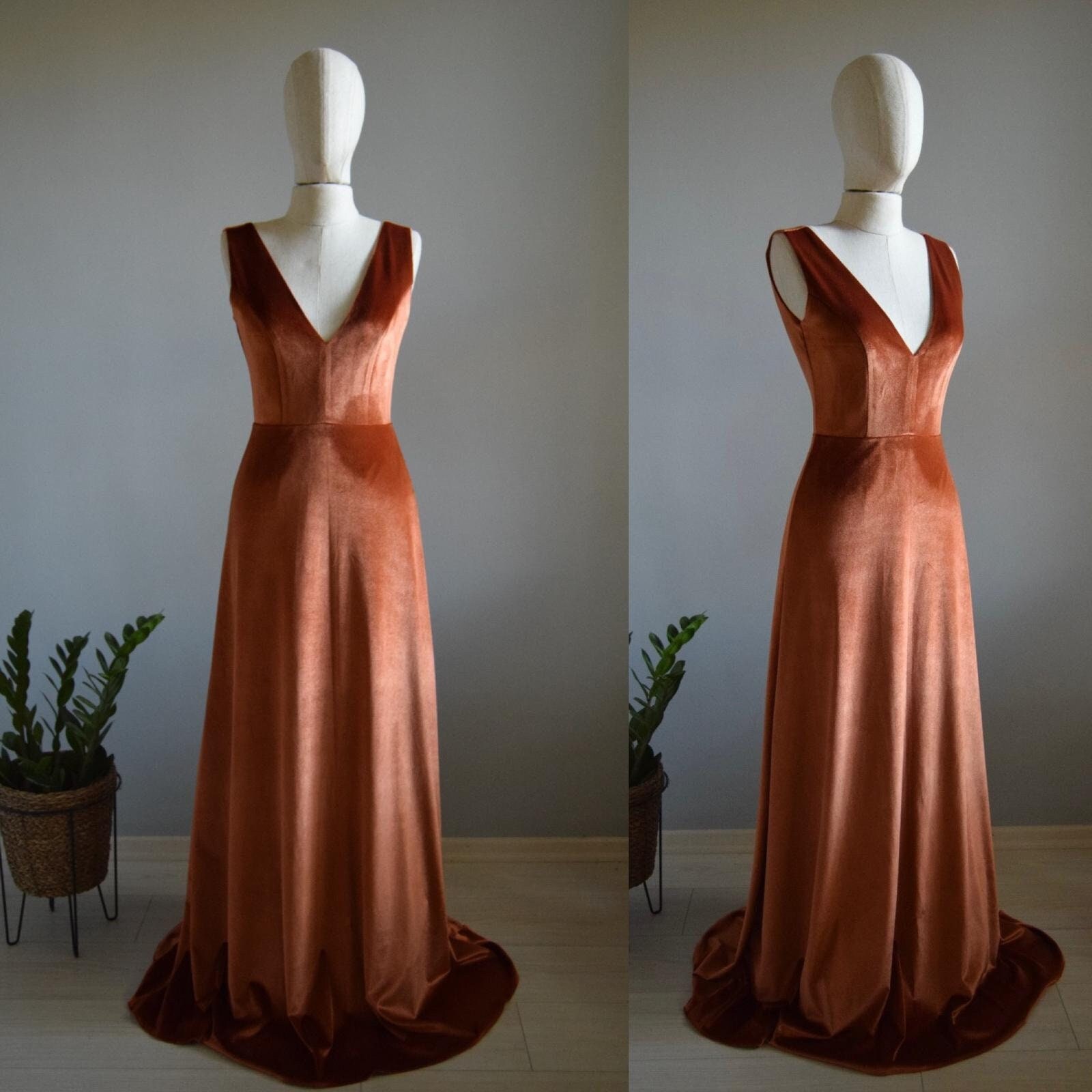 2022 Velvet Bridesmaid Dress in Rusty Orange Deep V Neck Line - Etsy