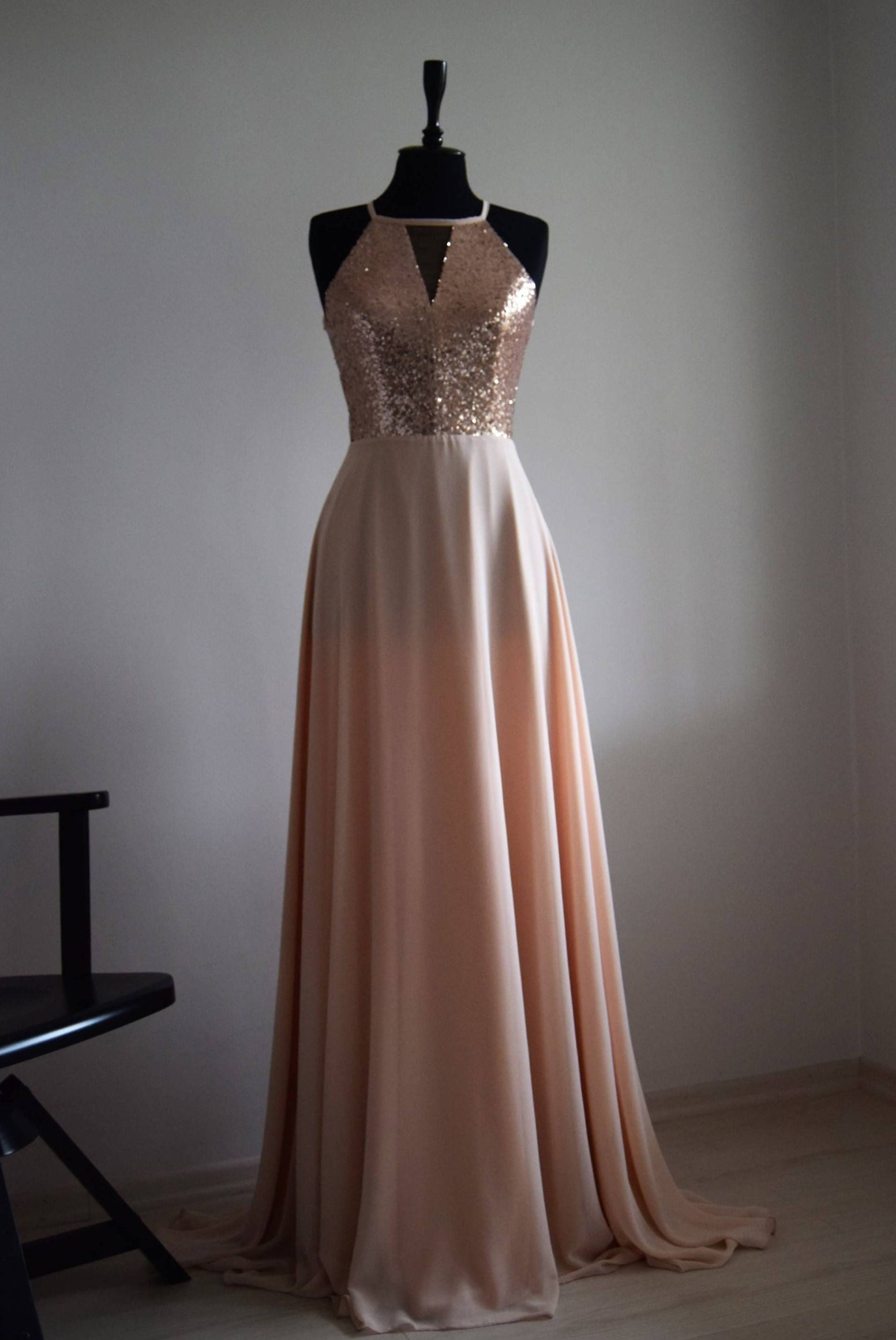 Charming Chiffon With Top Sequin Bridesmaid Dress Champagne Sleeveless Full Length Sequin Evening Prom Dress Wedding Party Dress Etsy Australia