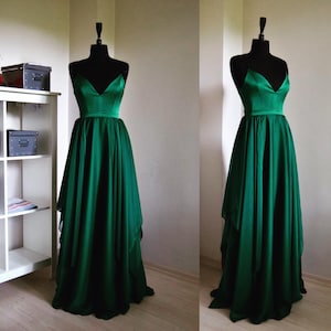 Asymmetrical Emerald Green Bridesmaid Dress Made To Measure Silk Forest Green Chiffon Maxi Prom Dress In Spaghetti Straps