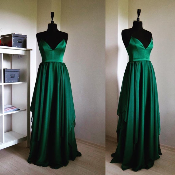 silk emerald green prom dress