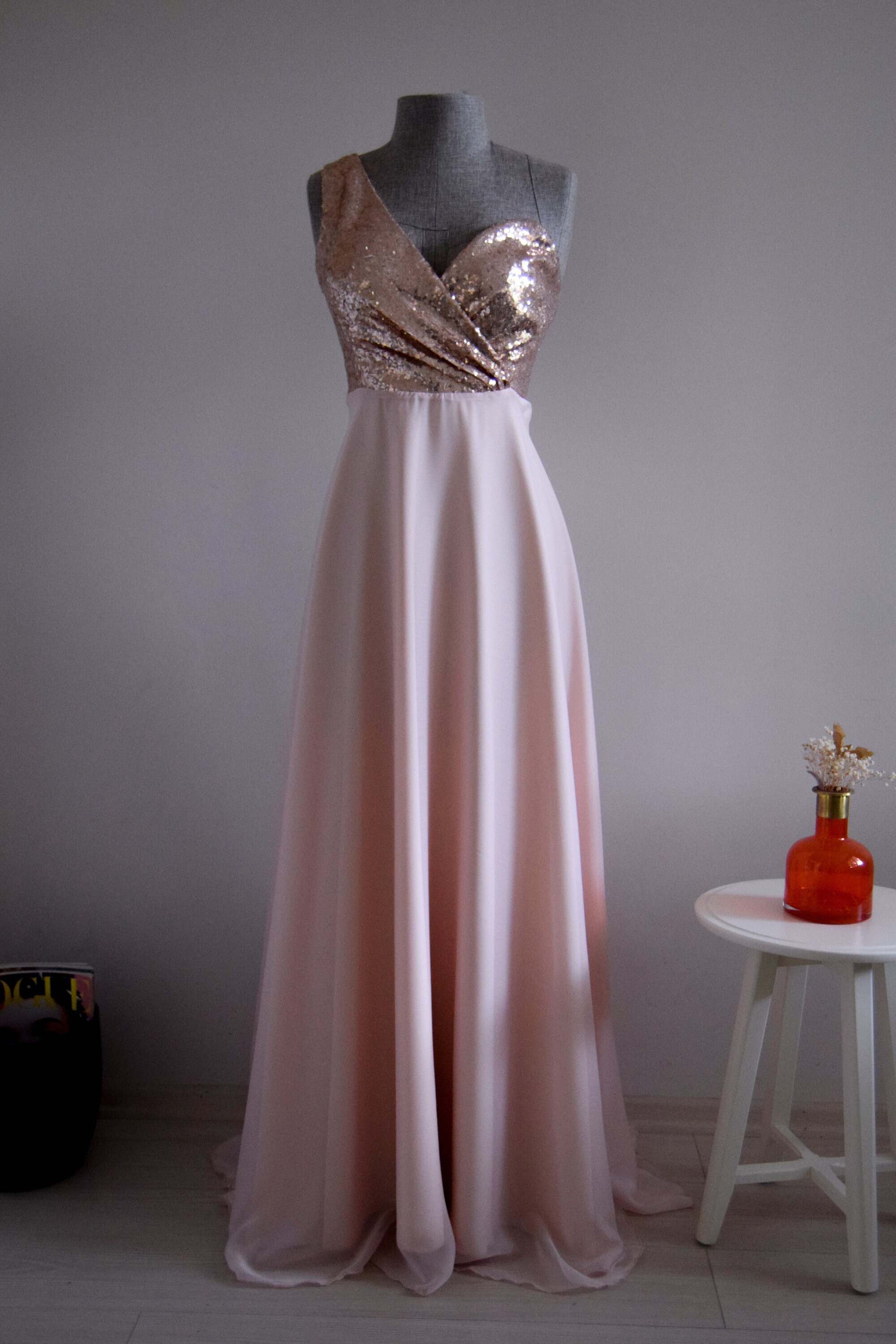 Blush Gold Chiffon With Top Sequin One Shoulder Bridesmaid - Etsy