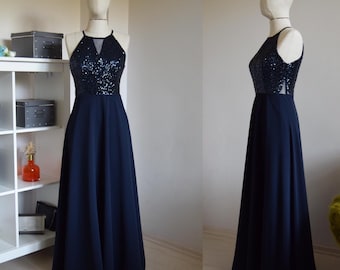 Made To Measure Navy Blue Chiffon With Top Sequin Blue Bridesmaid Dress | Floor Length Sequin Evening Party Dress | Wedding Party Girl Dress