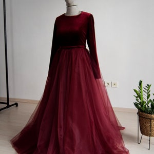 Silk Hayal Tulle With Top Burnt Orange Velvet Long Sleeve Bridesmaid Dress Floor Length Terracotta Wedding Dress Orange Wedding Dress image 7