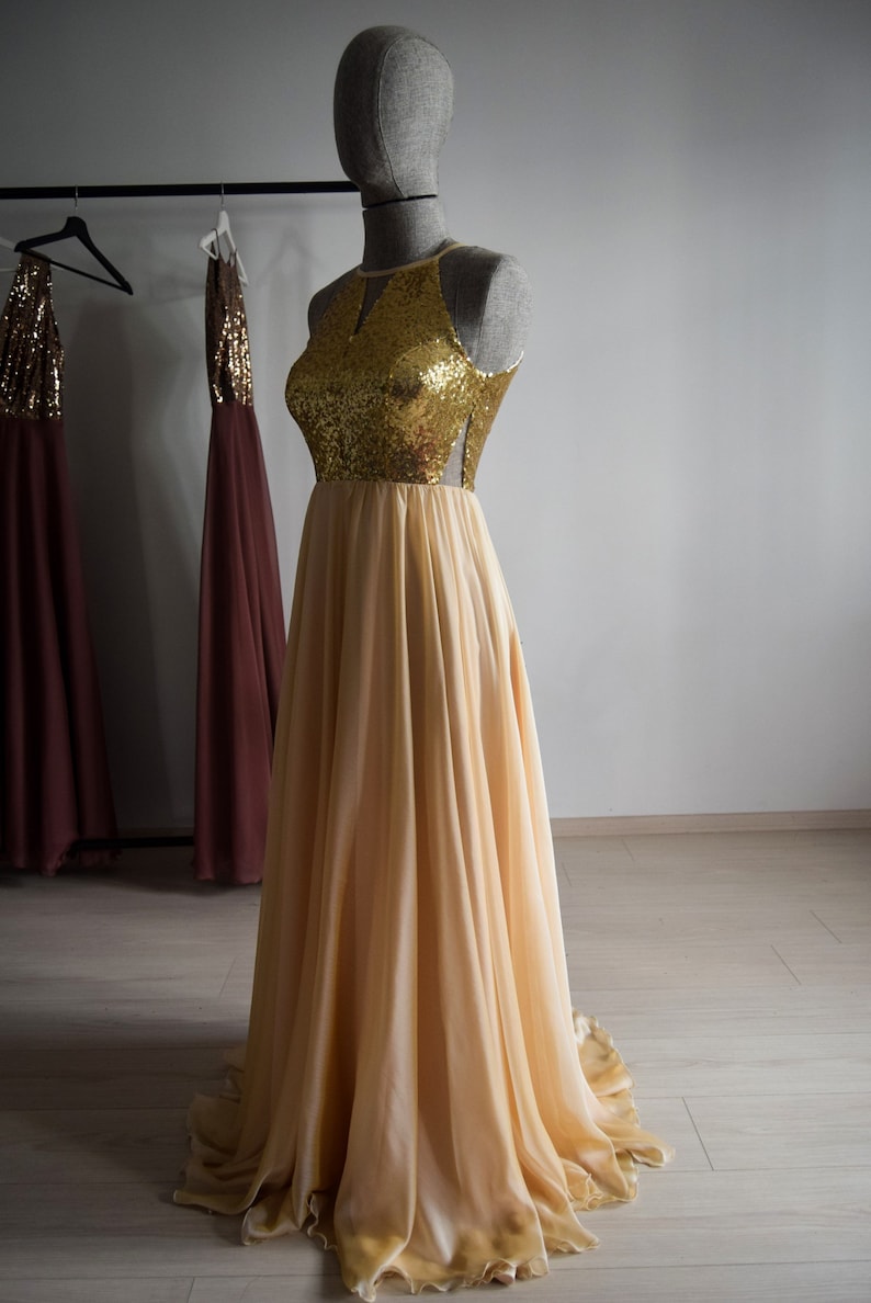 Wedding Party Dress Made To Measure Peach Chiffon With Top Sequin Gold Bridesmaid Dress Floor Length Sequin Evening Party Dress