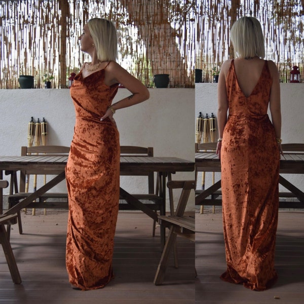 Rusty Orange Crushed Velvet Bridesmaid Dress In Burnt Orange | Cowl Neck Line V Back Wedding Bridesmaid Dress | Autumn Velvet MOH Dress