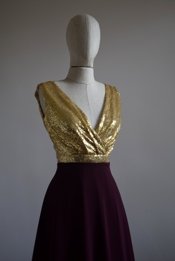 Handmade Maroon Chiffon Sequin Maxi Dress: Gold Top, Bridesmaid Gown - Etsy