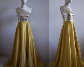 Made To Measure One-Shoulder Gold Sequin Bridesmaid Dress Wedding Party Maid Of Honor Sparkly One Shoulder Chiffon Dress