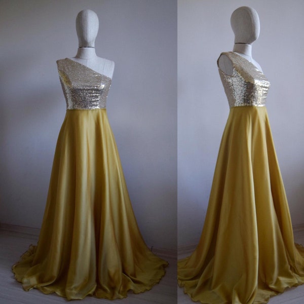 Made To Measure One-Shoulder Gold Sequin Bridesmaid Dress Wedding Party Maid Of Honor Sparkly One Shoulder Chiffon Dress