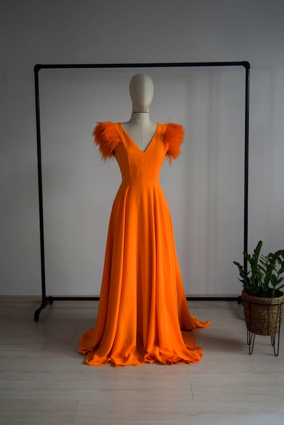 open lace back dress Bright Orange Floral Embellished Mermaid Gown with Spaghetti Straps CDCK946