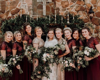Chiffon With Top Sequin Burgundy Bridesmaid Maxi Dress | Short Sleeve Sequin Long Made Of Honor Dress | Sparkly Christmas Dress