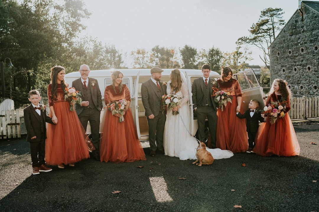 Abito da damigella d'onore a maniche lunghe in tulle di velluto di
