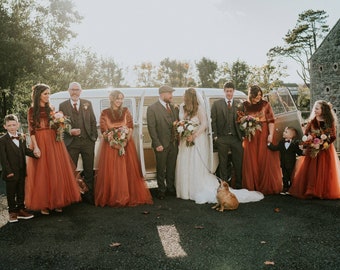 Burnt Orange Luxe Velvet Tulle Long Sleeve Bridesmaid Dress | Silk Hayal Tulle With Top Floor Length Terracotta Mother Of Bride Velvet Dress