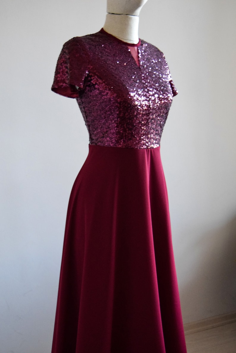 Close Back Dress Short Sleeve Sequin Long MOH Dress Made To Measure Silk Chiffon With Top Sequin Burgundy Bridesmaid Maxi Dress