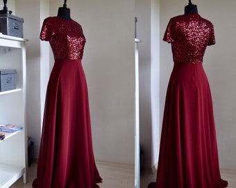 Handmade Burgundy Chiffon With Top Sequin Bridesmaid Dress | Bordeaux Short Sleeve Full Length Sequin Mother Of Bride/Groom Dress