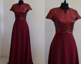 Handmade Burgundy Chiffon With Top Sequin Bridesmaid Dress Burgundy Cap Sleeve Full Length Sequin Mother Of Bride Dress