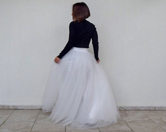 Long Voluminous Tulle Tutu Wedding Floor Length High Waist Skirt | Long Waistband Zip-back Handmade Bridal Princess Skirt