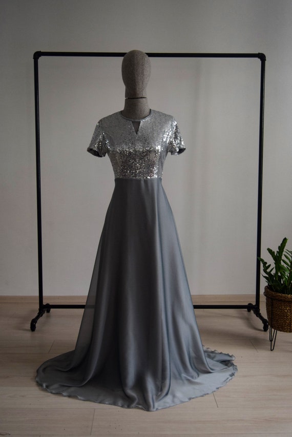 Georgette Silver Chiffon With Top Sequin Long Sleeve Bridesmaid