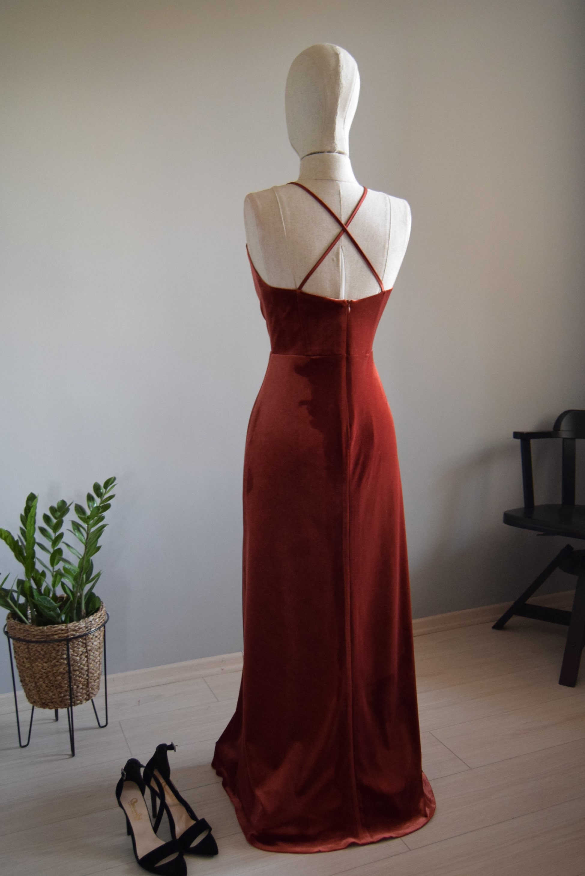 Charming Velvet Bridesmaid Dress in Copper Deep V Strap Back | Etsy