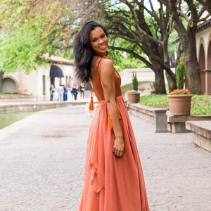 Satin Copper Bridesmaid Dress Silk Chiffon With Top Satin Burnt Orange Rust Full Length Asymmetric Bridal Party image 5