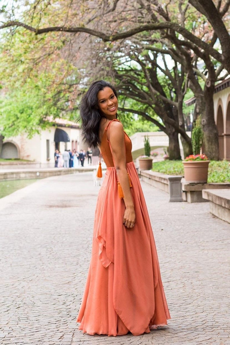 Satin Copper Bridesmaid Dress Silk Chiffon With Top Satin Burnt Orange Rust Full Length Asymmetric Bridal Party image 5