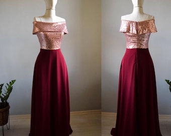 Rose Gold Sequin Burgundy Bridesmaid Dress: Silk Georgette A-Line Gown