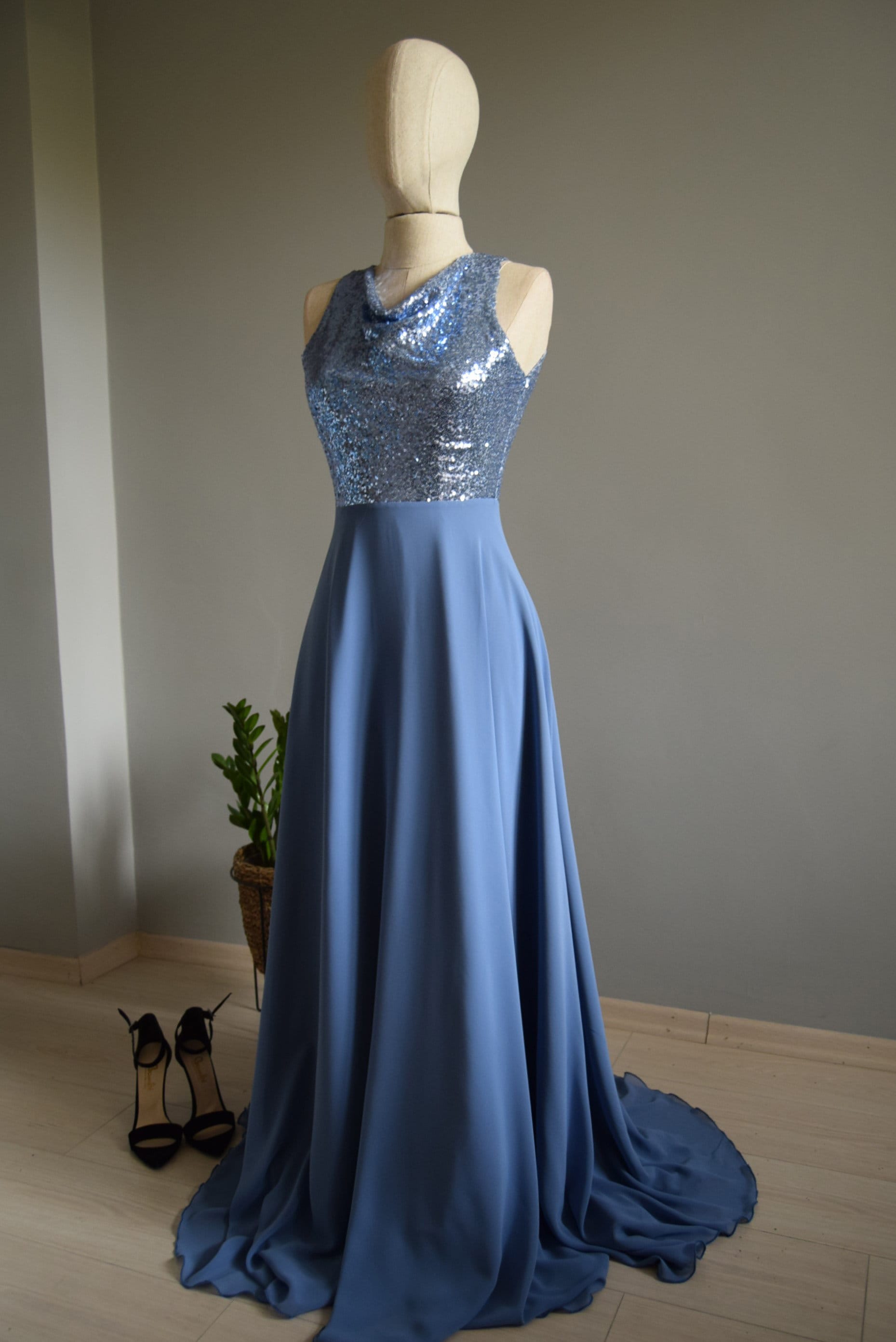 Cornflower Blue Sequin Maxi Dress: Handmade Silk Chiffon Cowl Neck Gown -  Etsy