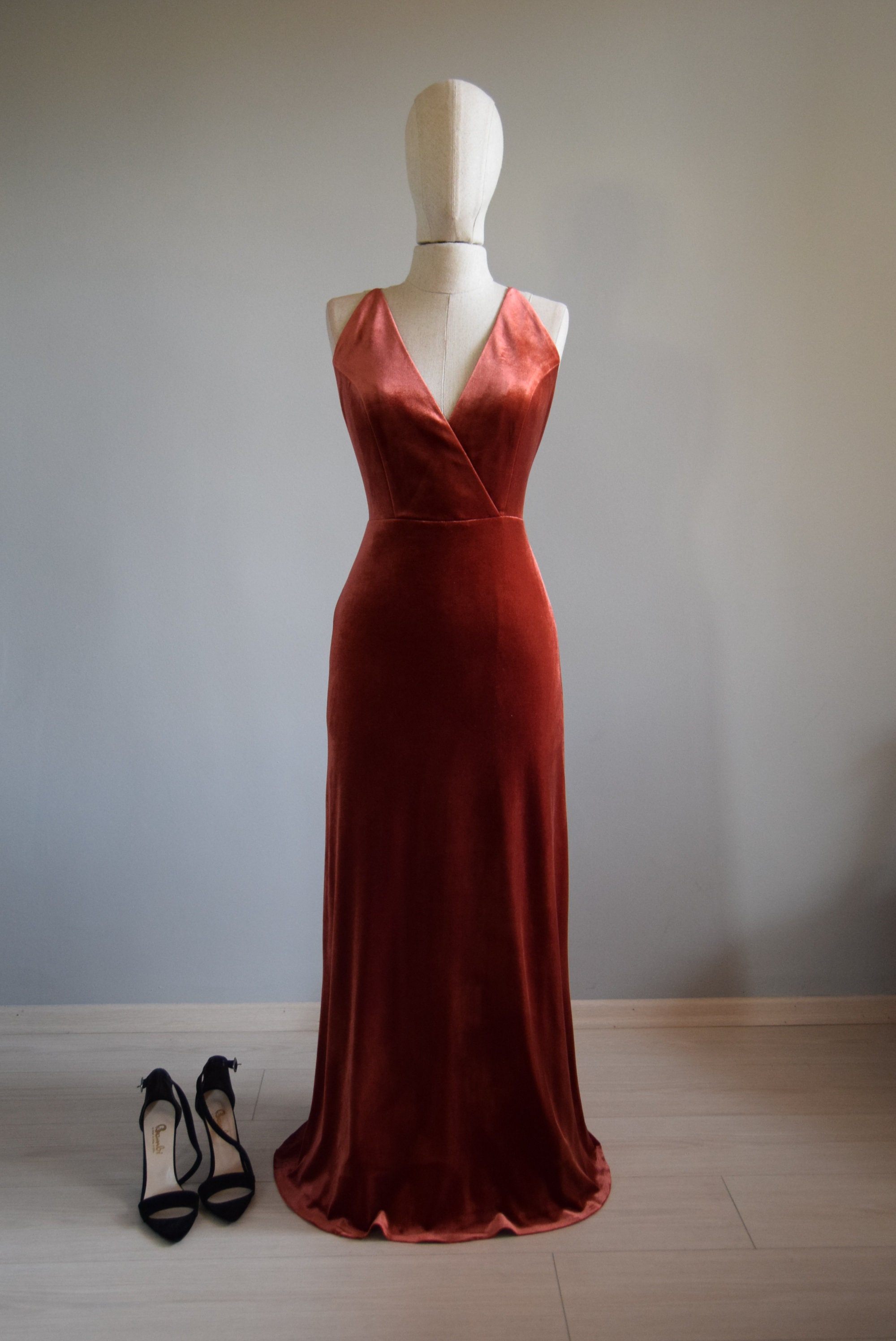 Charming Velvet Bridesmaid Dress in Copper Deep V Strap Back | Etsy