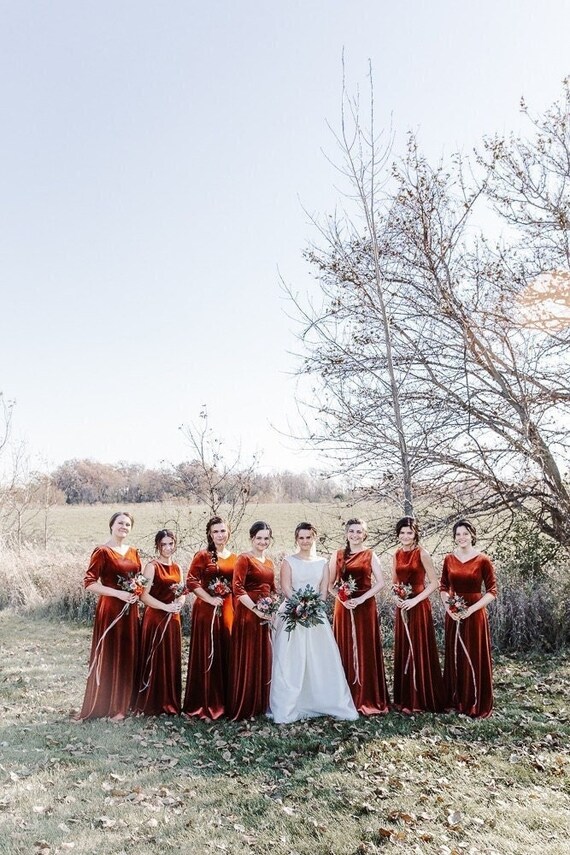 Velvet Burnt Orange Bridesmaid Long Sleeve Dress / Terracotta Wedding Party Dress, Deep V Neck Line Open Back Wedding Party Dress in Copper