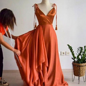 Satin Copper Bridesmaid Dress Silk Chiffon With Top Satin Burnt Orange Rust Full Length Asymmetric Bridal Party image 6