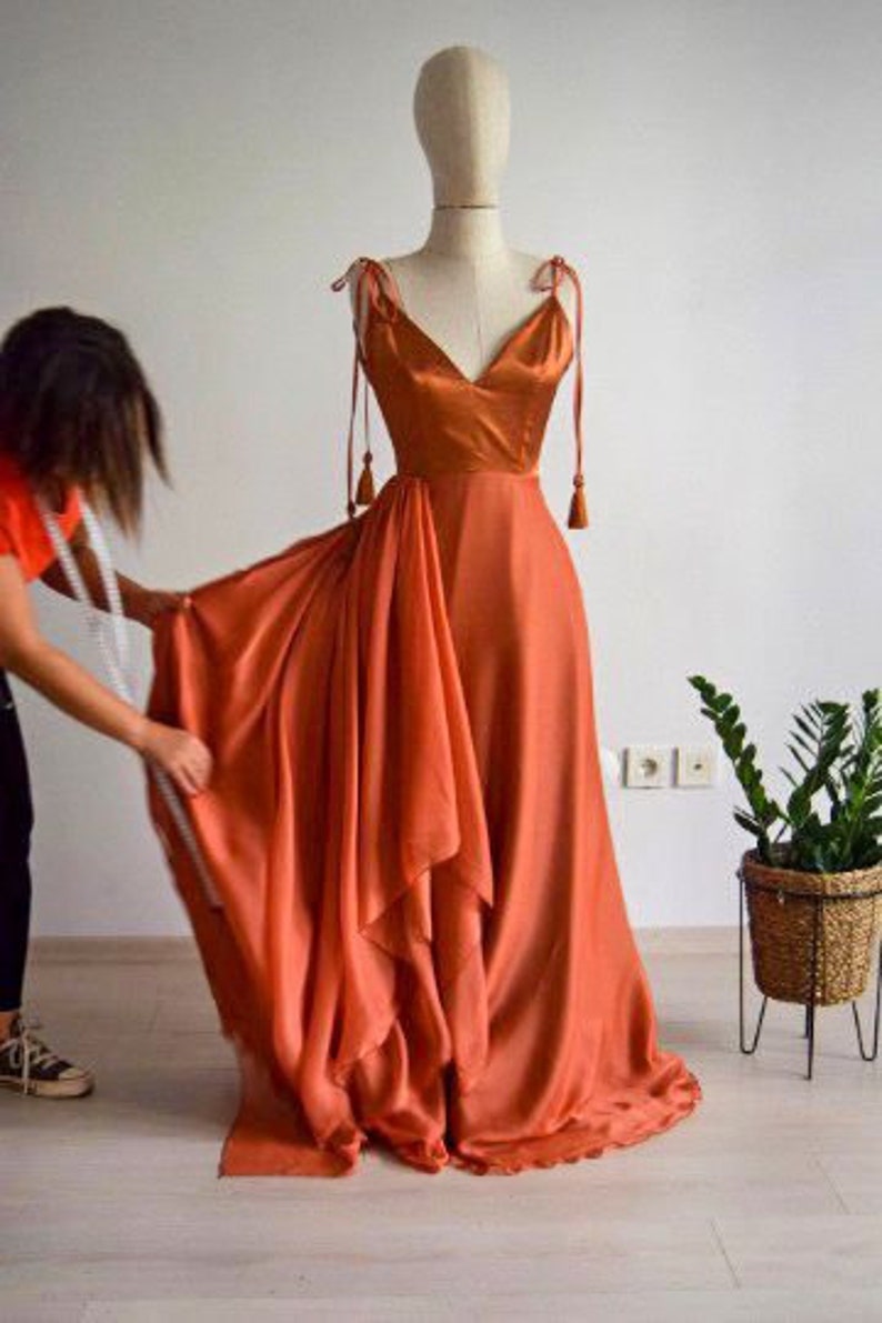 Satin Copper Bridesmaid Dress Silk Chiffon With Top Satin Burnt Orange Rust Full Length Asymmetric Bridal Party image 6